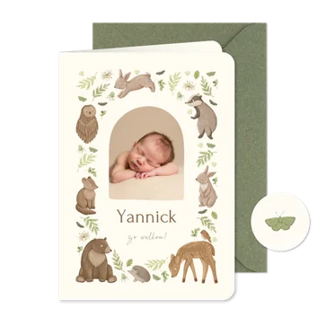 Lief geboortekaartje met foto, dieren en plantjes